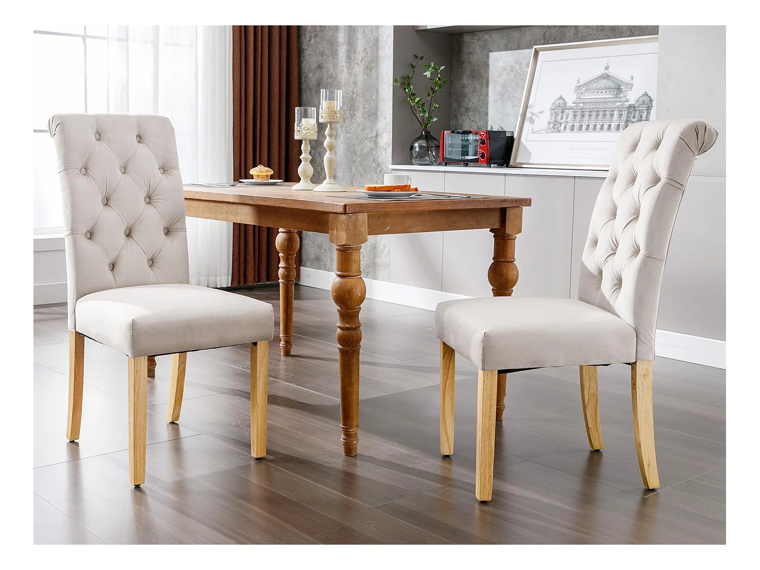 Lot de 2 Chaises en velours avec pieds en chêne - Marron