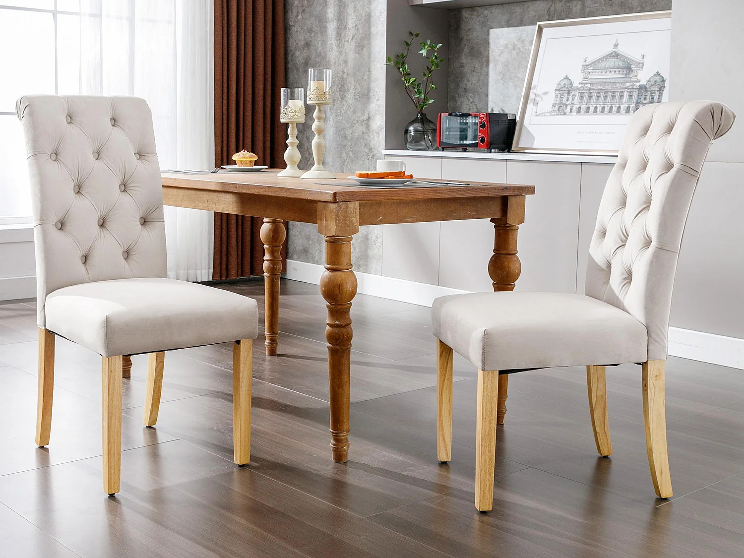 Lot de 2 Chaises en velours avec pieds en chêne - Marron