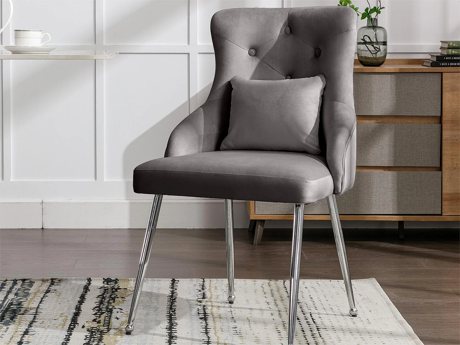 1 Silla tapizada en terciopelo con cojín - Gris