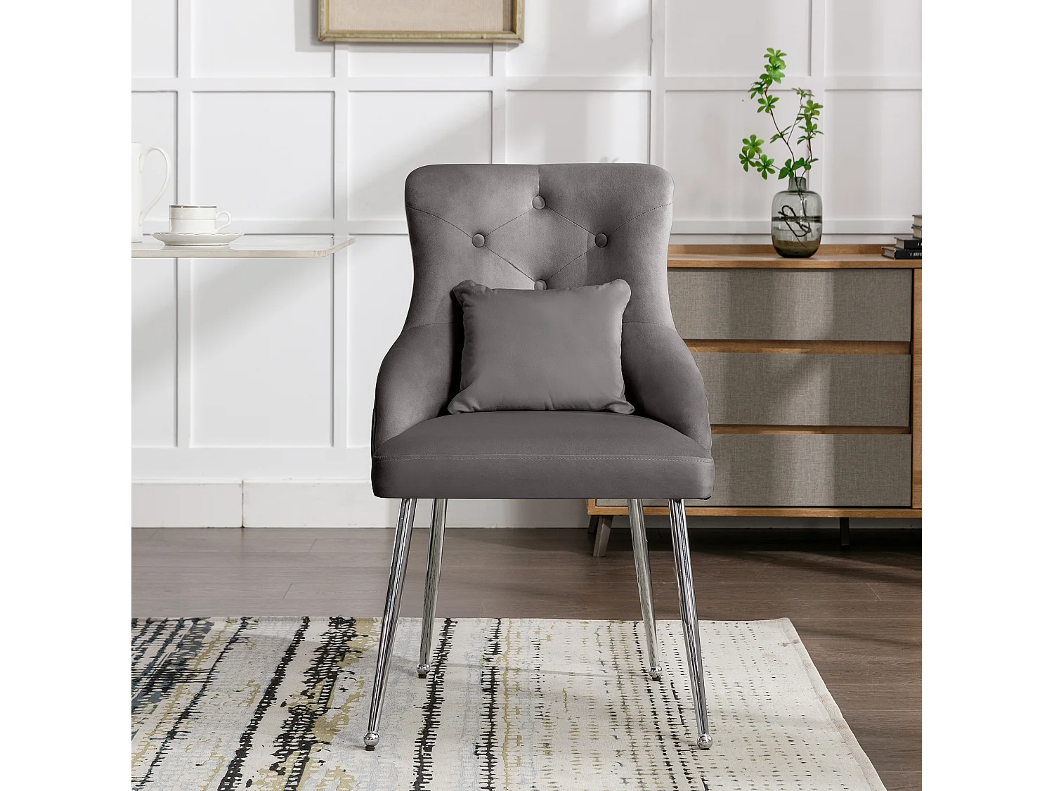 1 Chaise rembourrée en velours avec un coussin - Gris