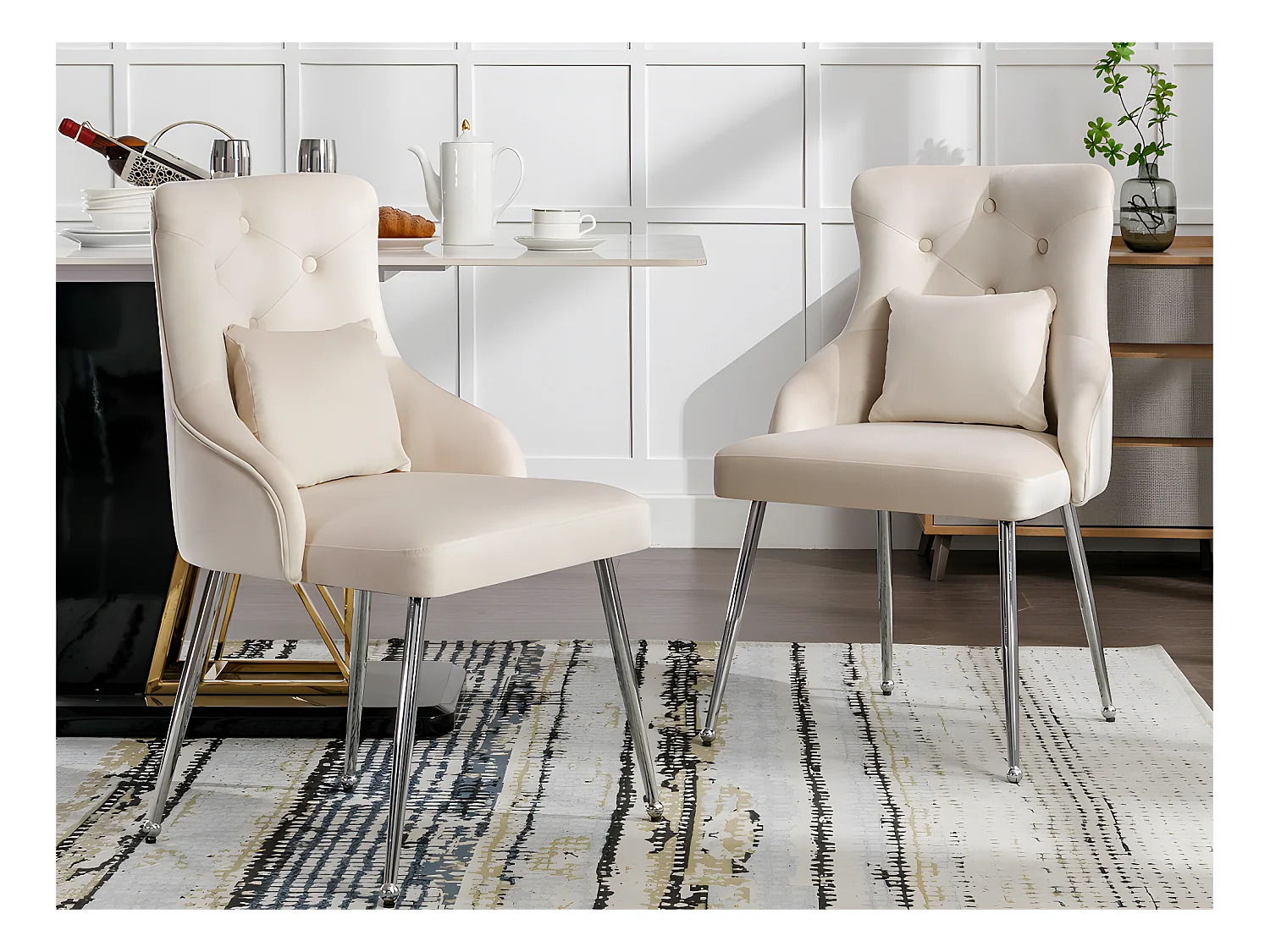 Set van 2 fluweel beklede stoelen met kussen - Beige