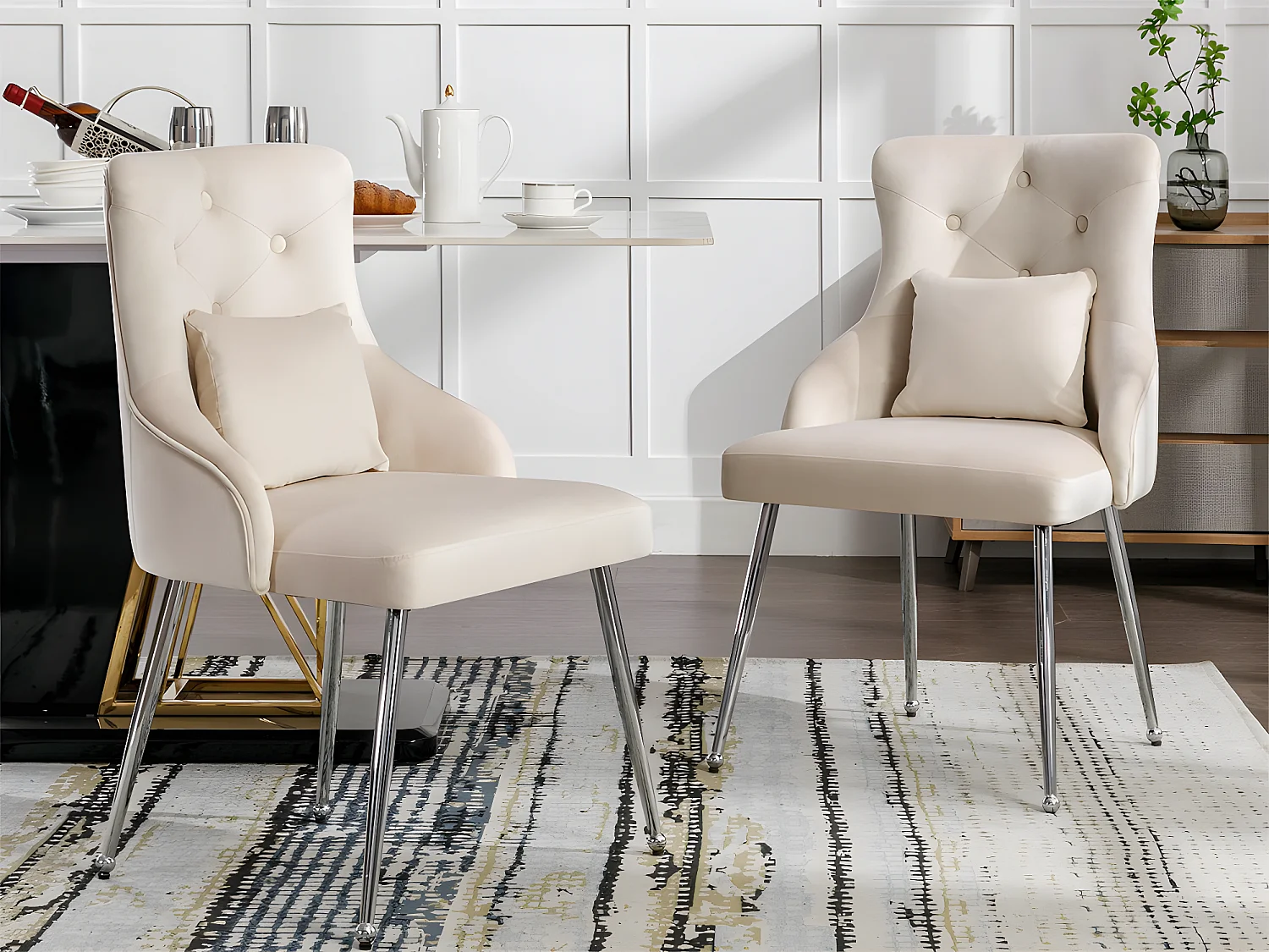 Lot de 2 Chaises rembourrées en velours avec coussin - Beige