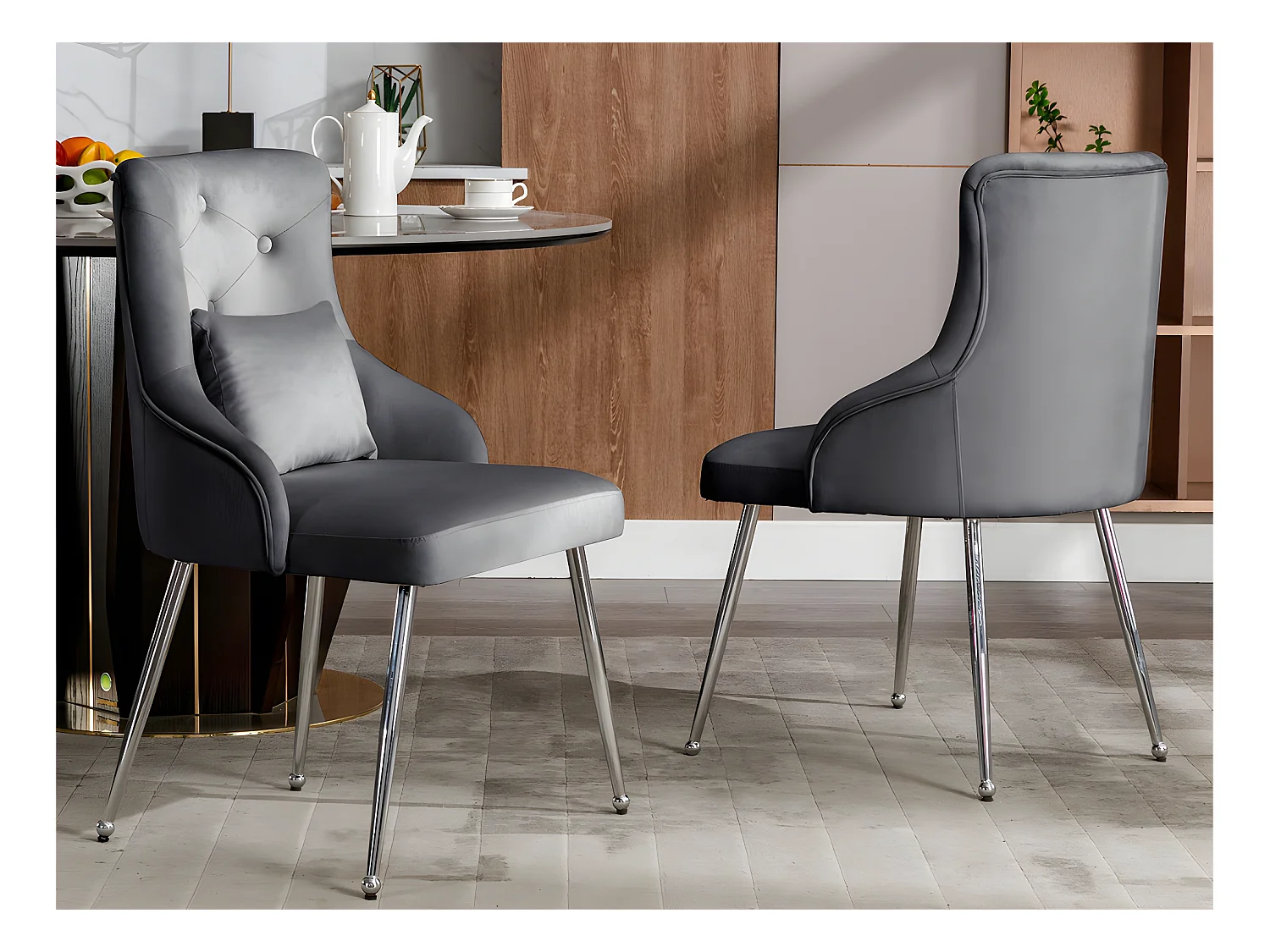 Lot de 2 Chaises rembourrées en velours avec coussin - Gris