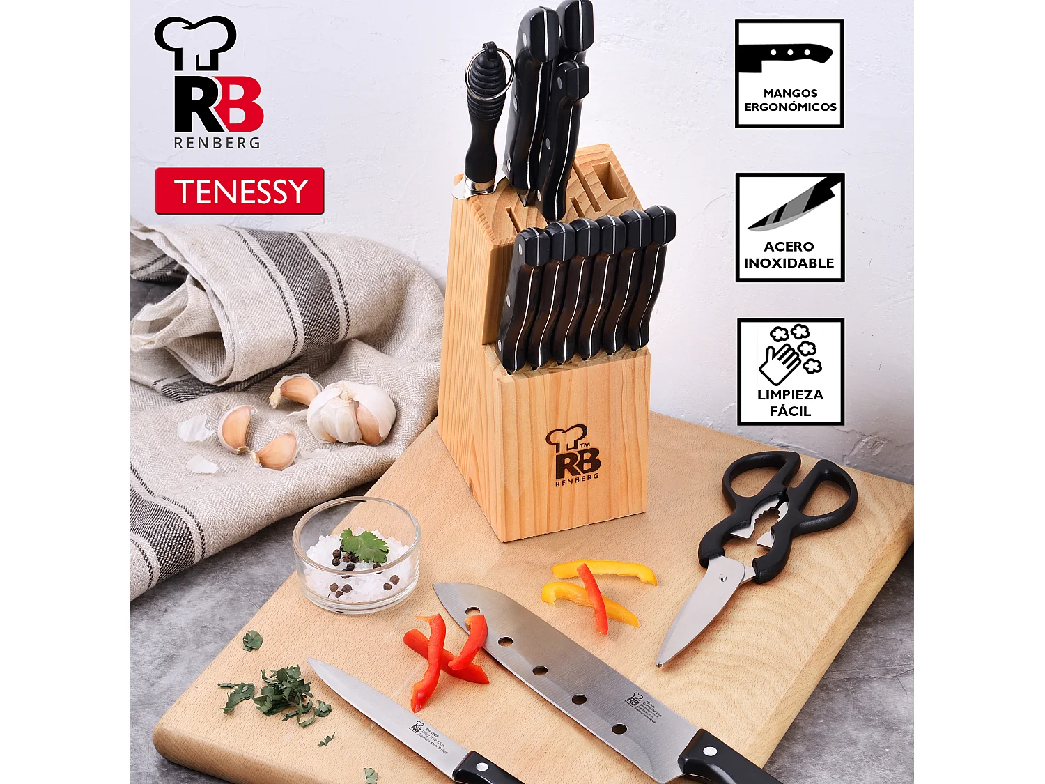 Ensemble de couteaux, 15 pièces, en acier inoxydable