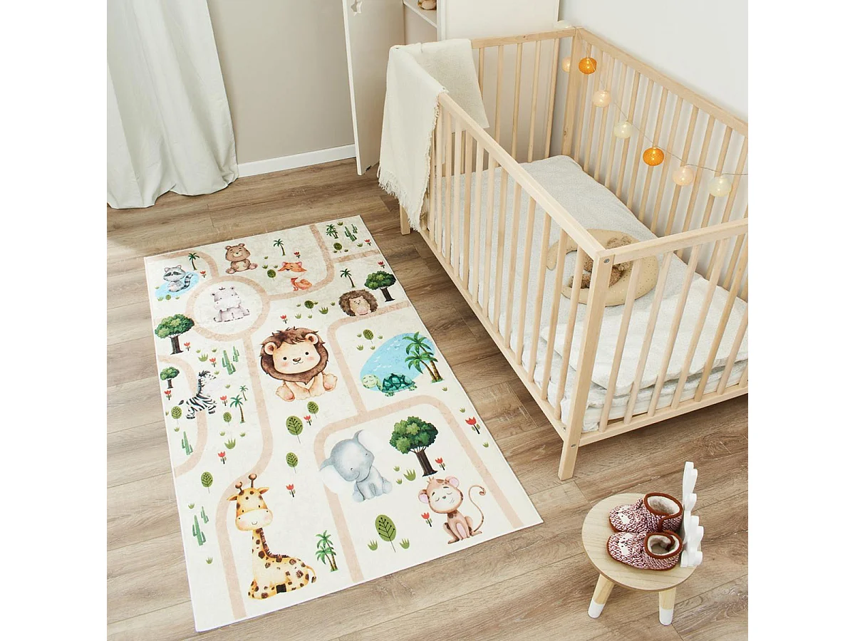 Tapis enfant 80x150 rectangle tissé crème motif animaux CELESTA