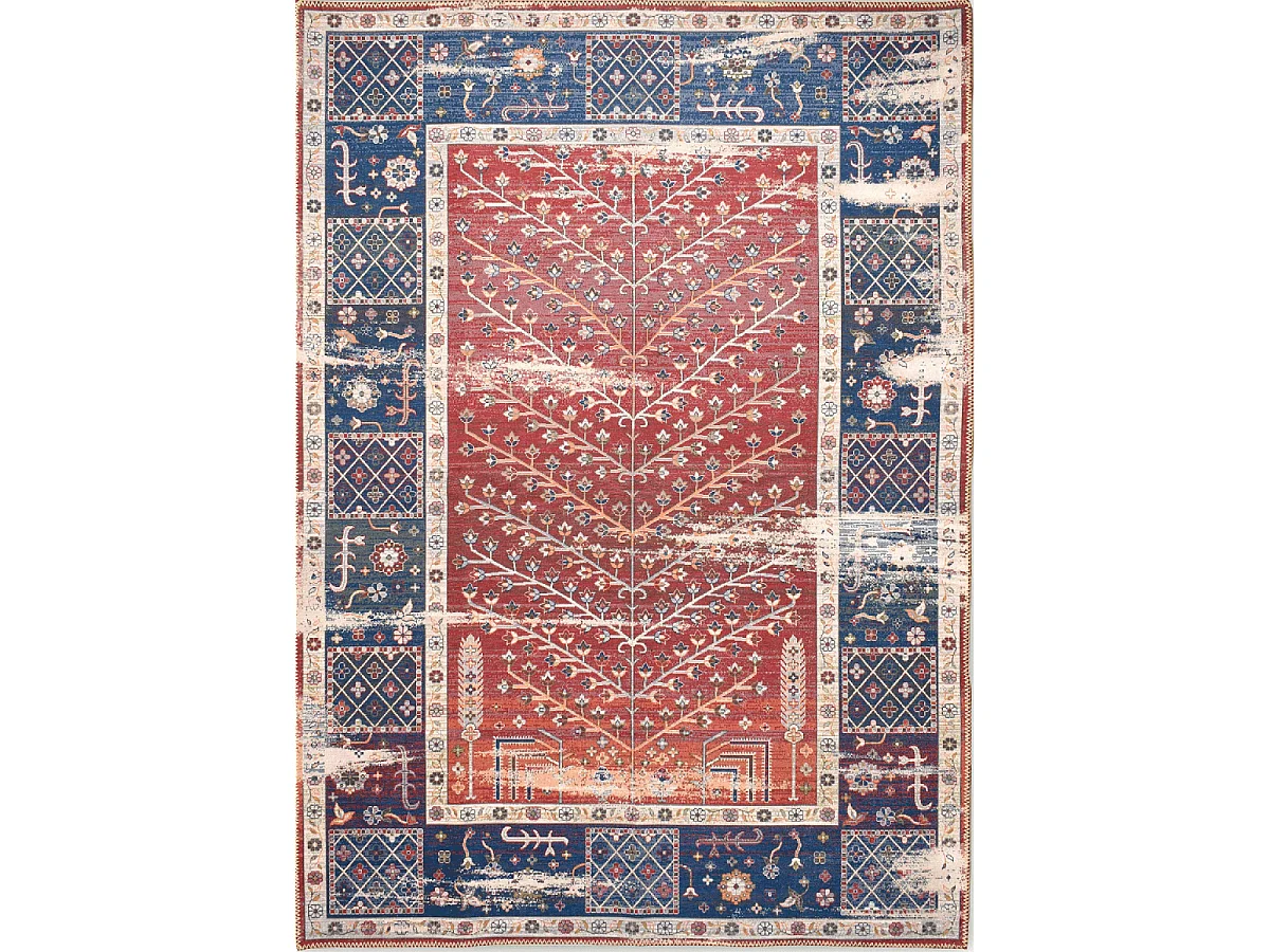tapis chambre 80x150 tissé rouge et bleu rectangle motif baroque SPENO 2