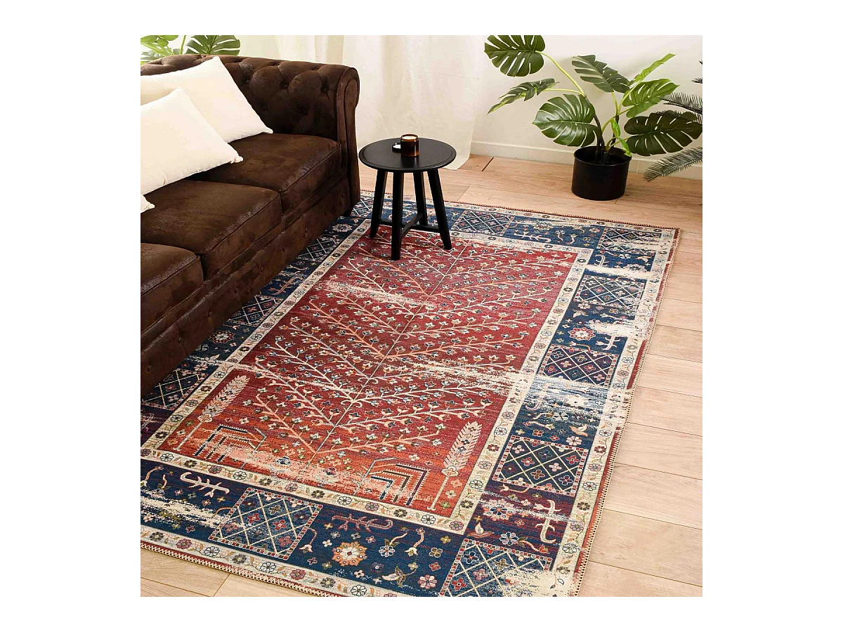 tapis chambre 80x150 tissé rouge et bleu rectangle motif baroque SPENO 2