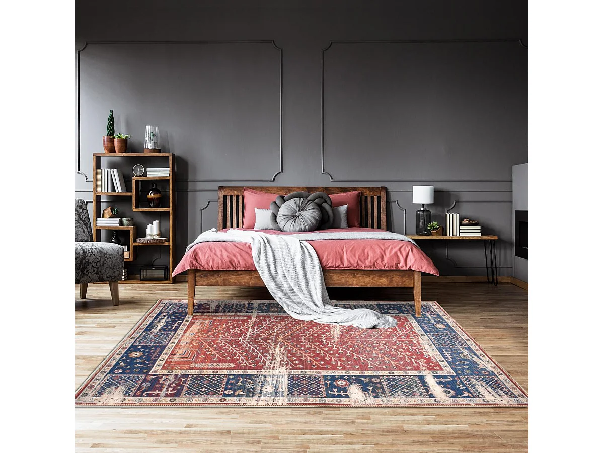 tapis chambre 80x150 tissé rouge et bleu rectangle motif baroque SPENO 2