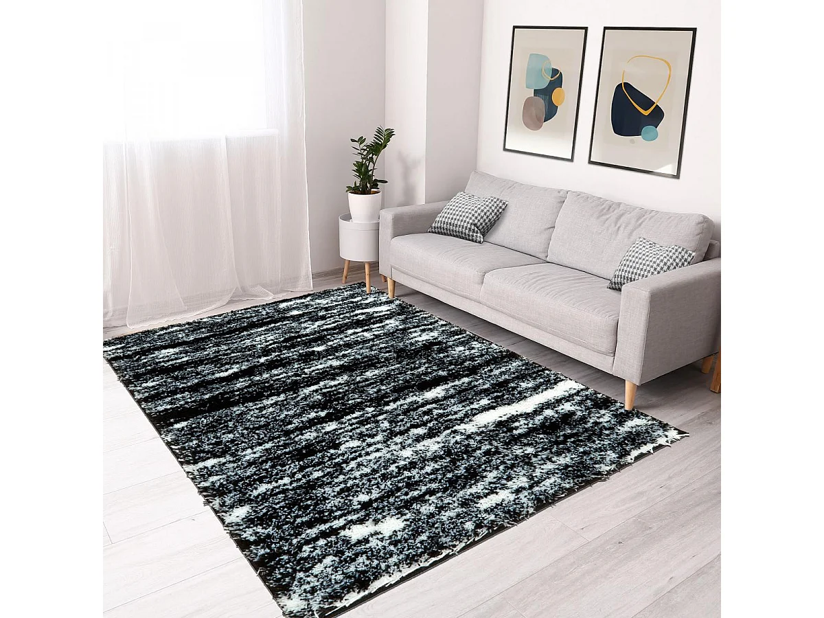 Tapis shaggy 200x290 rectangle tissé noir et blanc motif faux uni EMBER