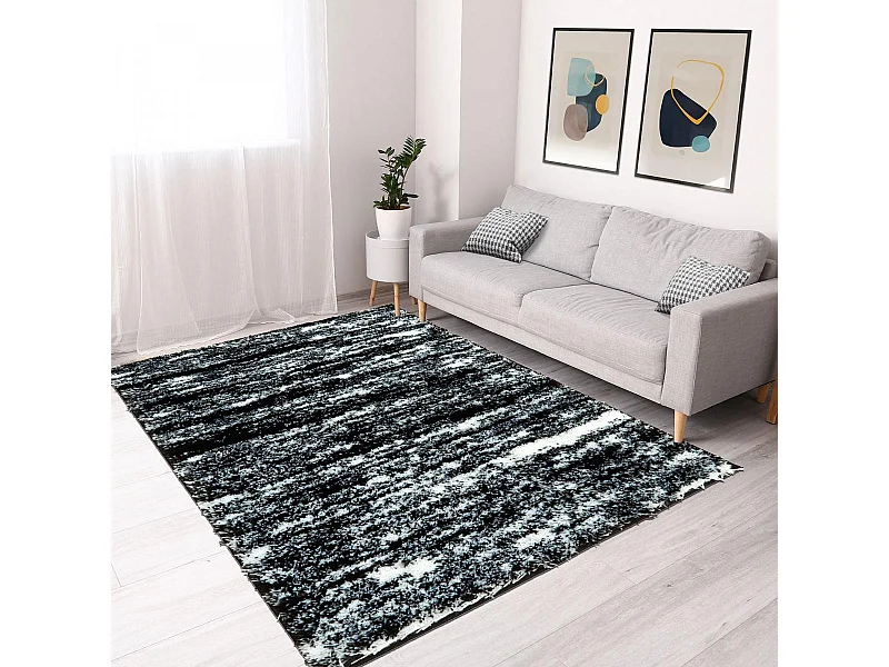 Tapis shaggy 200x290 rectangle tissé noir et blanc motif faux uni EMBER