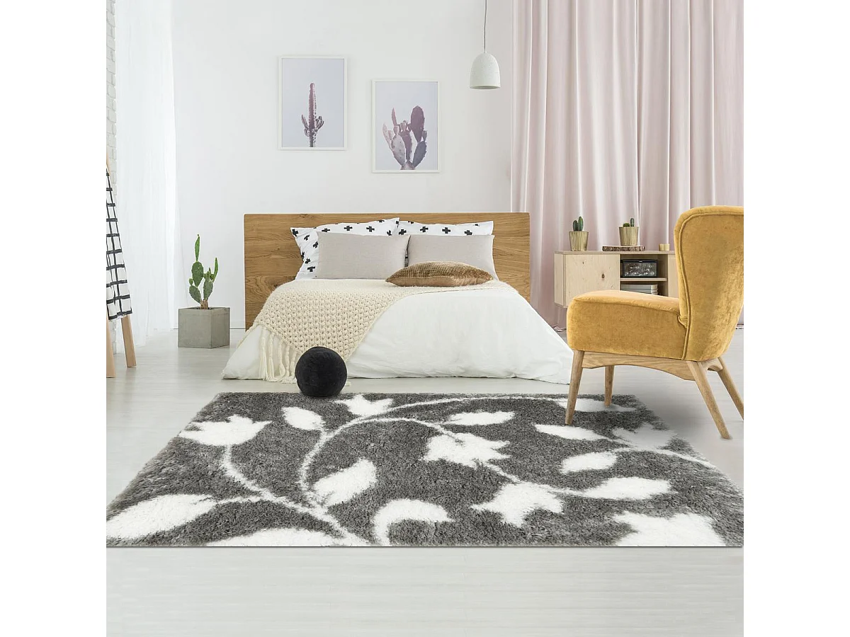 Tapis shaggy 80x300 rectangle tissé gris et blanc motif floral EMBER 2