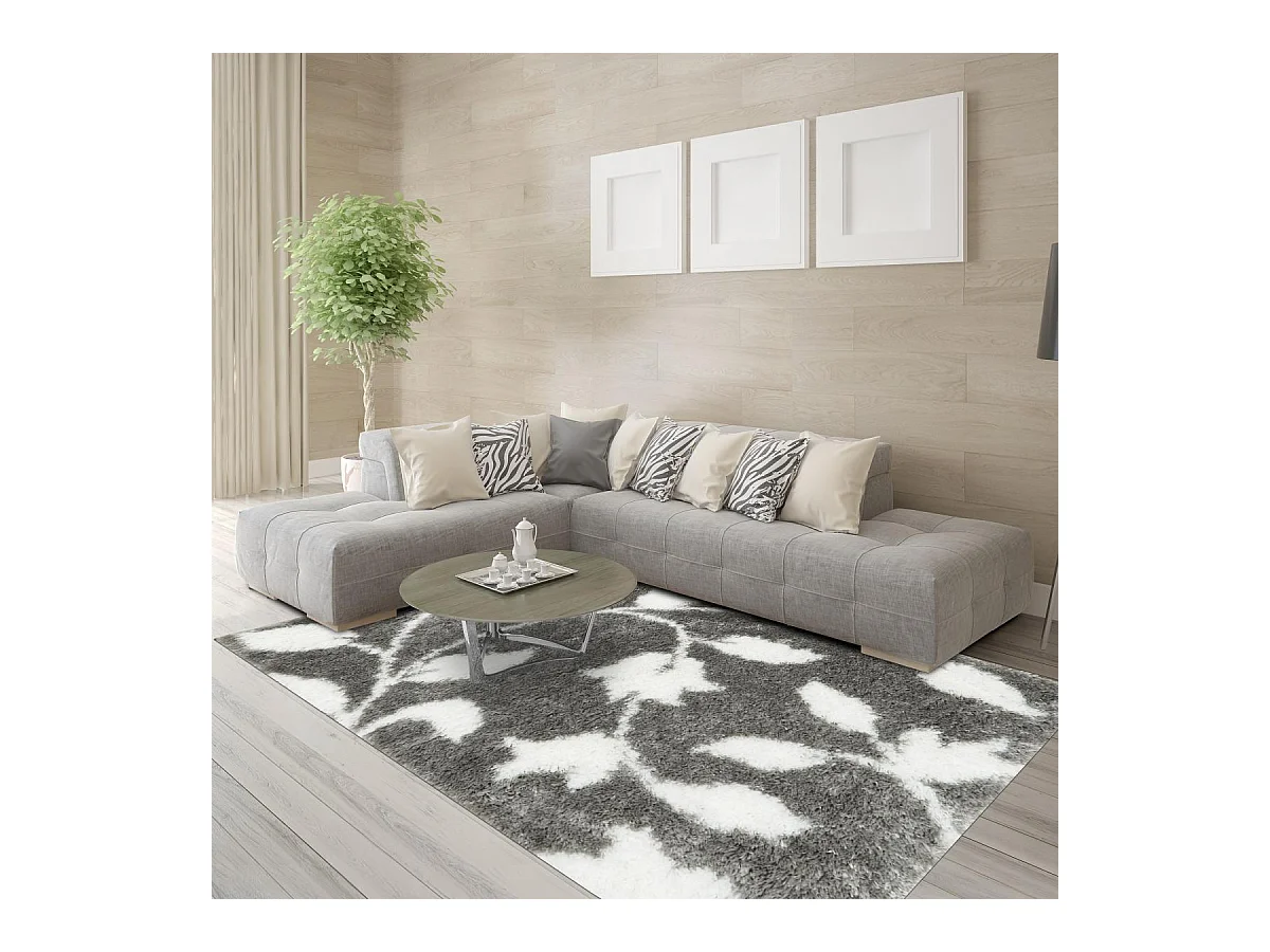 Tapis shaggy 80x300 rectangle tissé gris et blanc motif floral EMBER 2