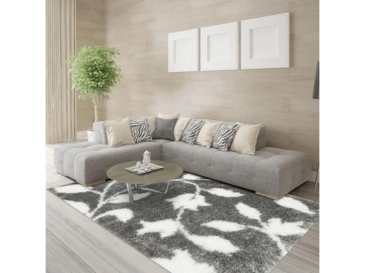 Tapis shaggy 80x300 rectangle tissé gris et blanc motif floral EMBER 2