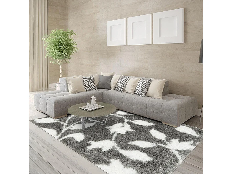 Tapis shaggy 80x300 rectangle tissé gris et blanc motif floral EMBER 2