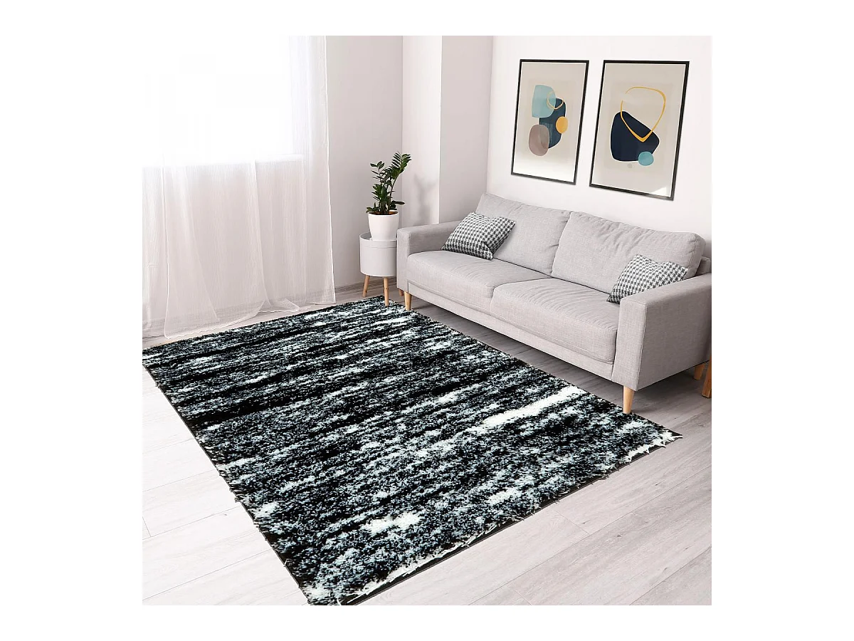 Tapis shaggy 67x180 rectangle tissé noir et blanc motif faux uni EMBER