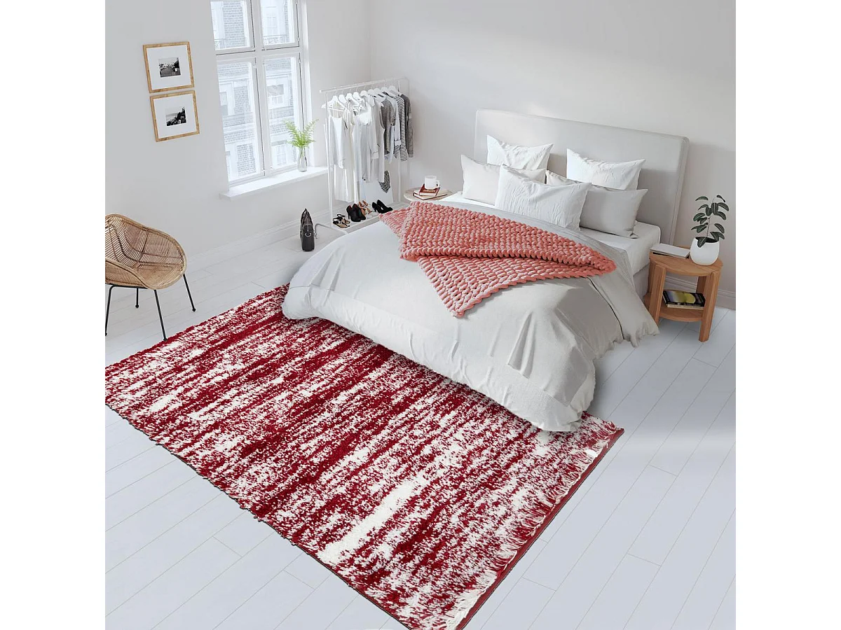 Tapis shaggy 80x150 rectangle tissé rouge et blanc motif faux uni EMBER