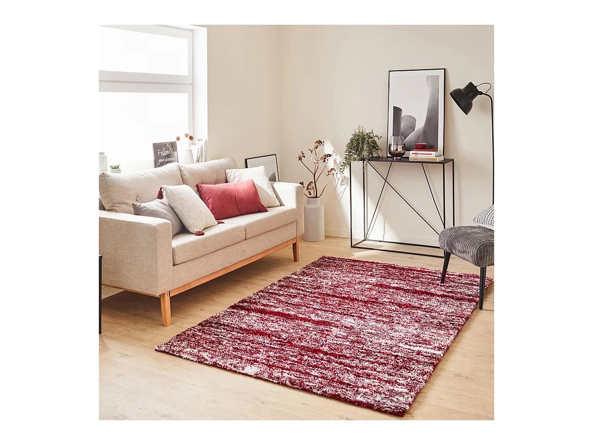 Tapis shaggy 200x290 rectangle tissé rouge et blanc motif faux uni EMBER
