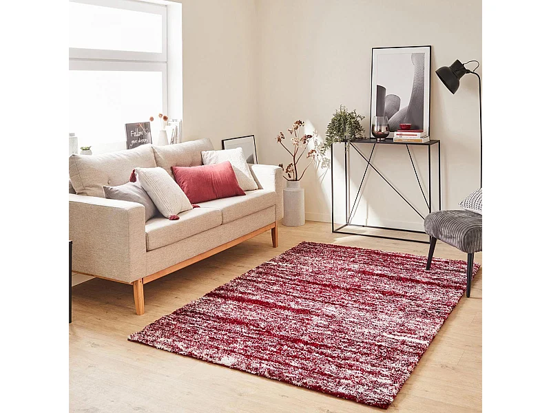 Tapis shaggy 160x230 rectangle tissé rouge et blanc motif faux uni EMBER
