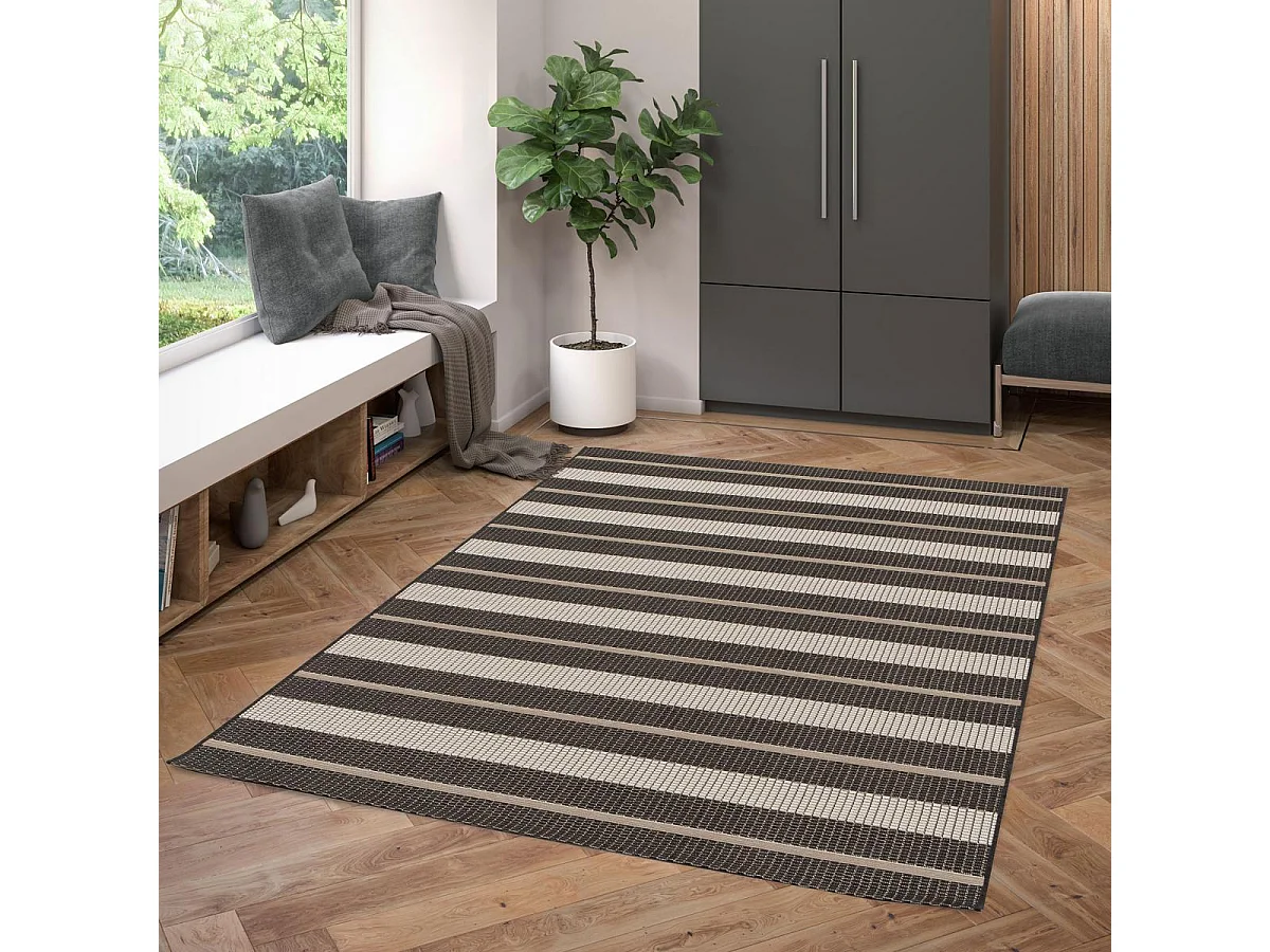 Tapis extérieur 200x290 tissé kilim noir et crème ENANTA 1