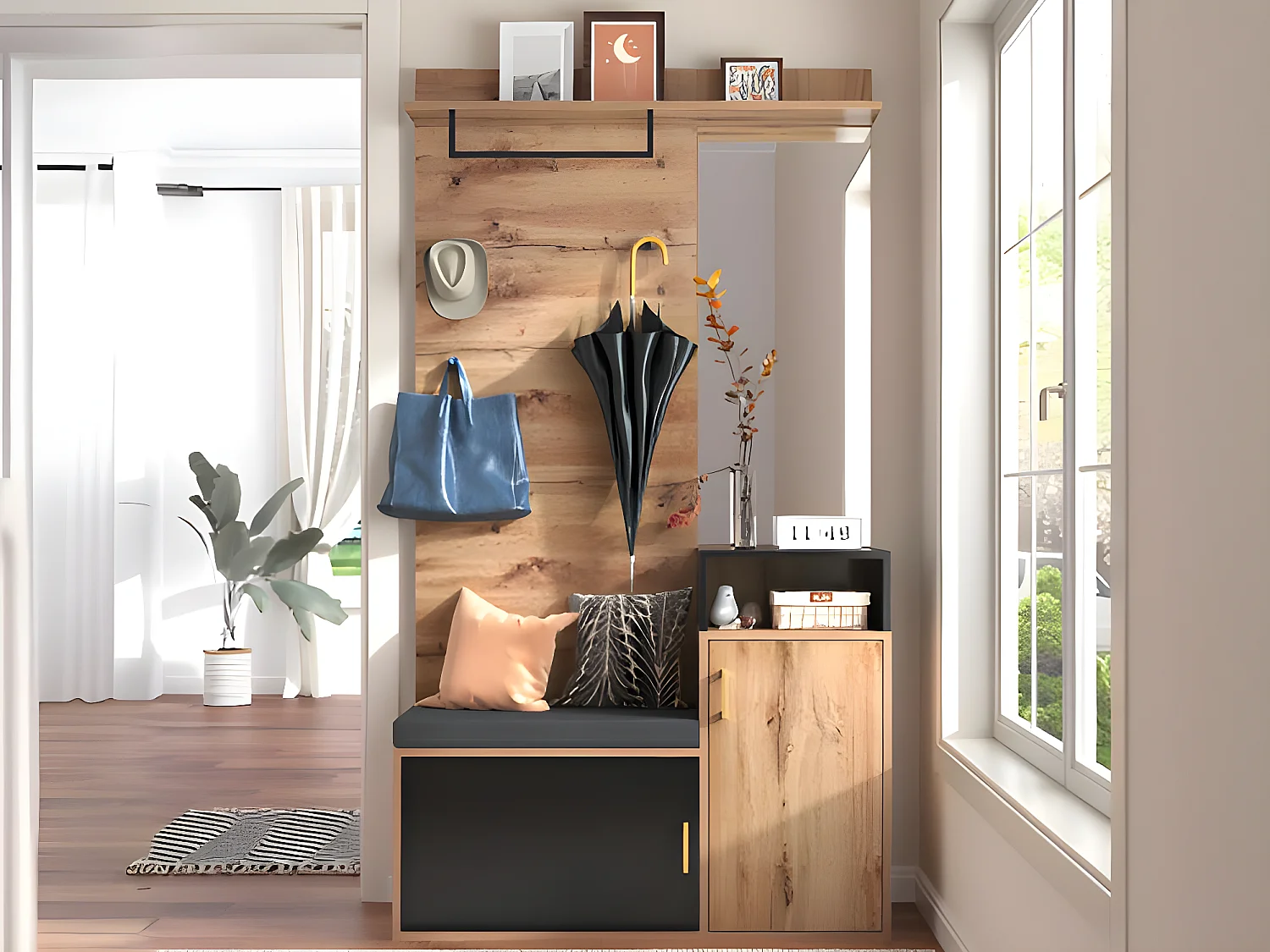 Eingangsbereich mit Spiegel und Schuhschrank - Natur & Schwarz - Geräumig und Elegant