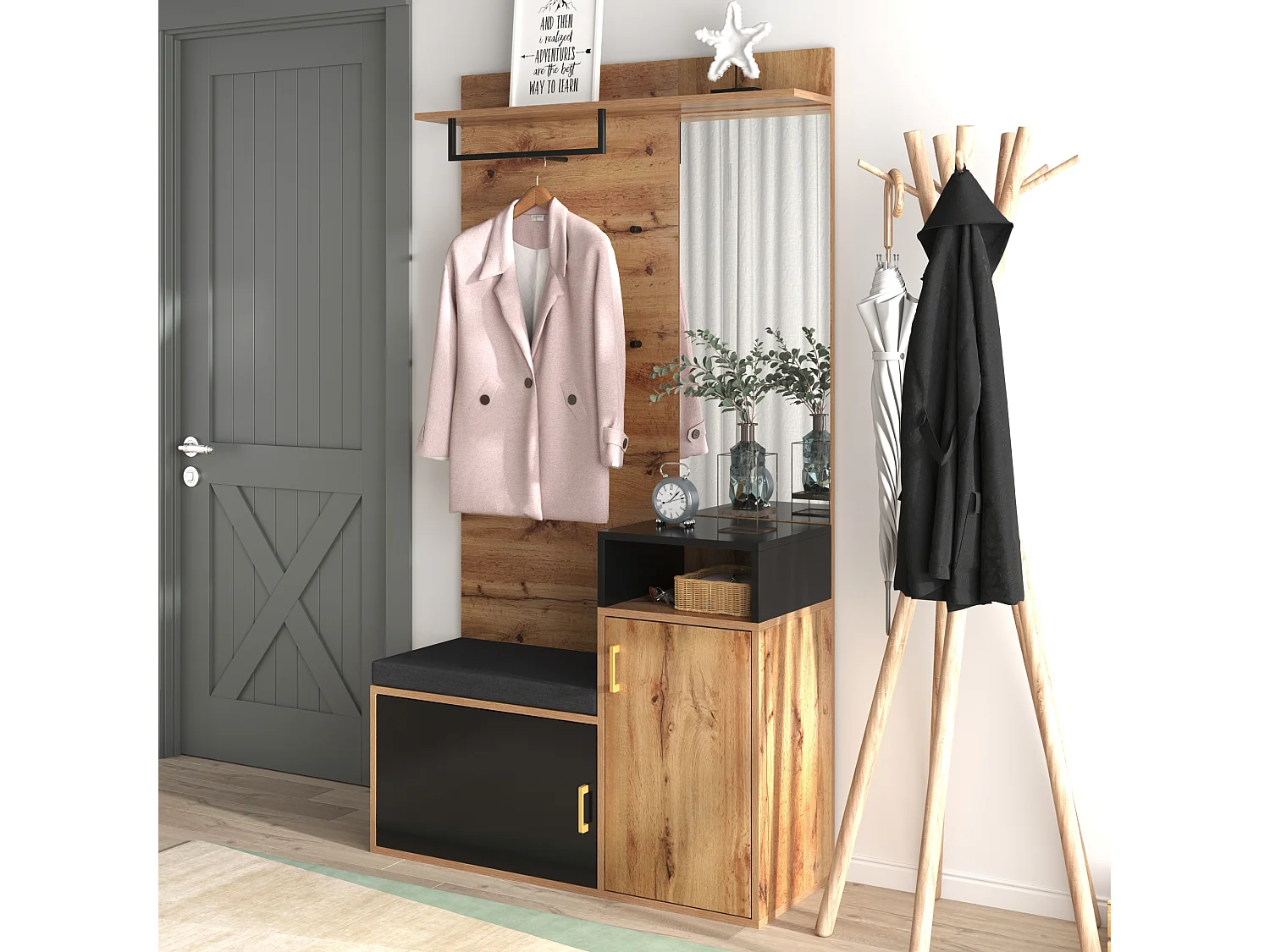 Eingangsbereich mit Spiegel und Schuhschrank - Natur & Schwarz - Geräumig und Elegant