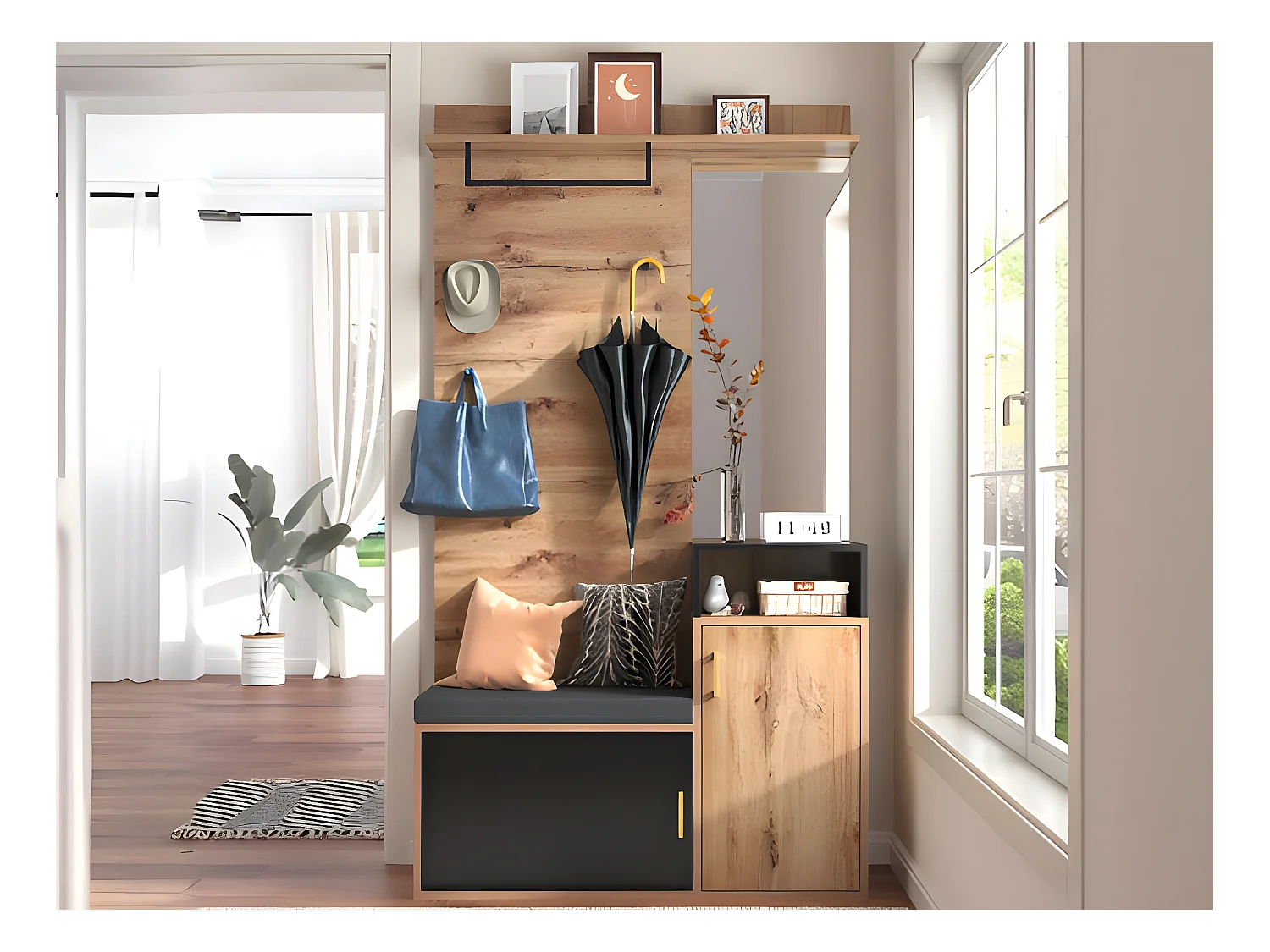 Vestiaire d'entrée avec miroir et meuble à chaussures - Hauteur 190cm - naturel & noir