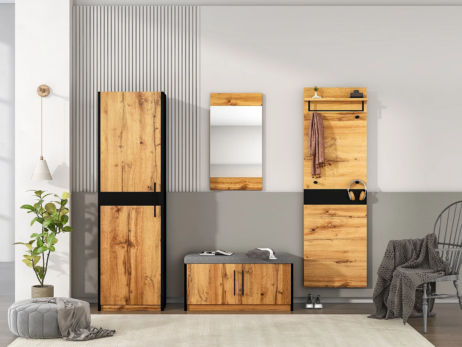 Vestiaire d'entrée avec miroir + armoire + banc à chaussures - style campagnard - naturel foncé