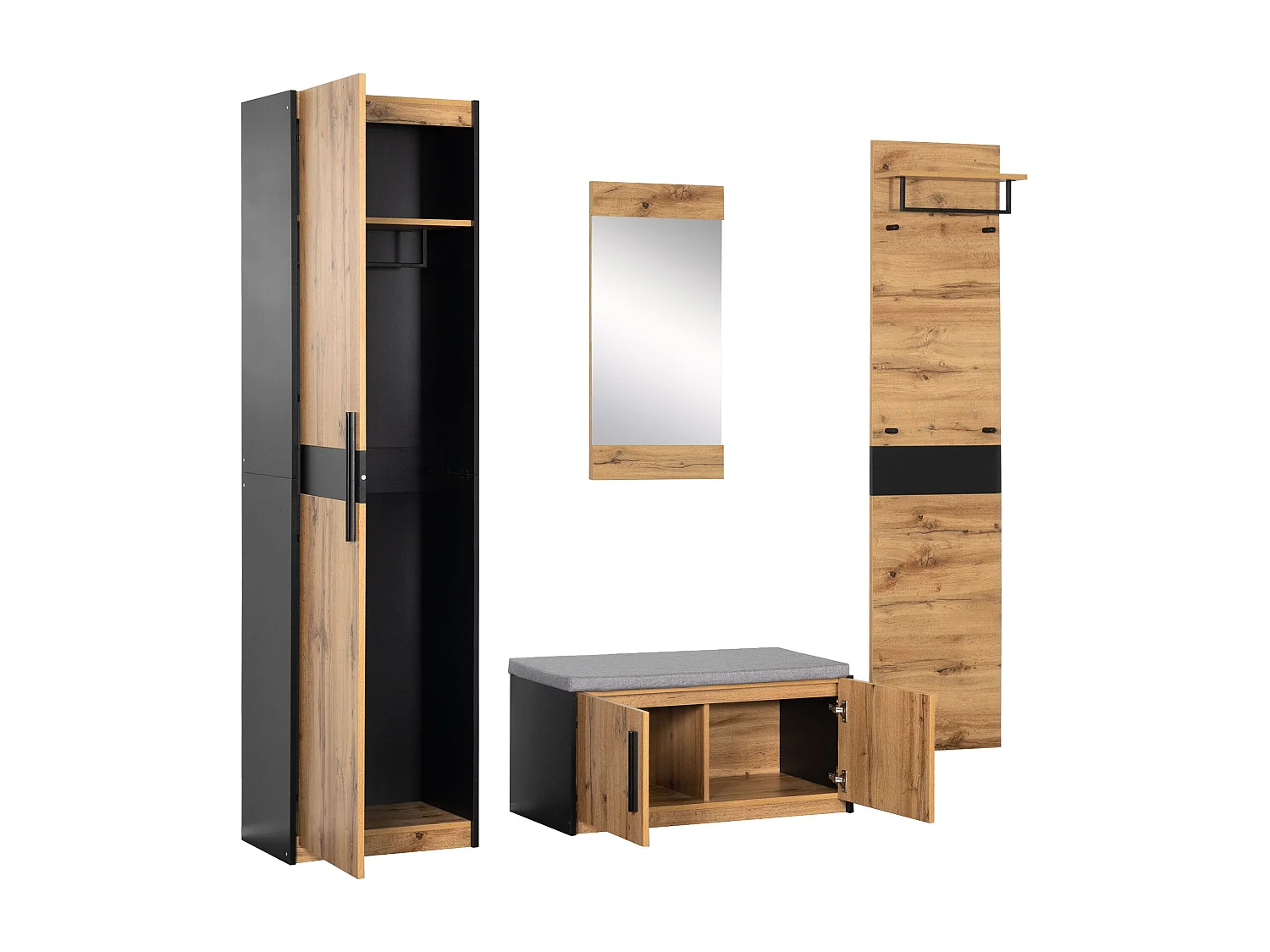 Vestiaire d'entrée avec miroir + armoire + banc à chaussures - style campagnard - naturel foncé
