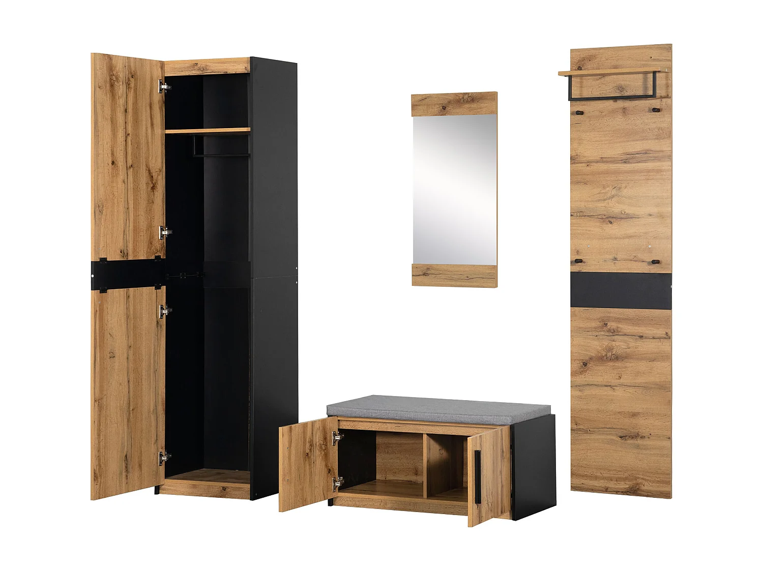 Vestiaire d'entrée avec miroir + armoire + banc à chaussures - style campagnard - naturel foncé
