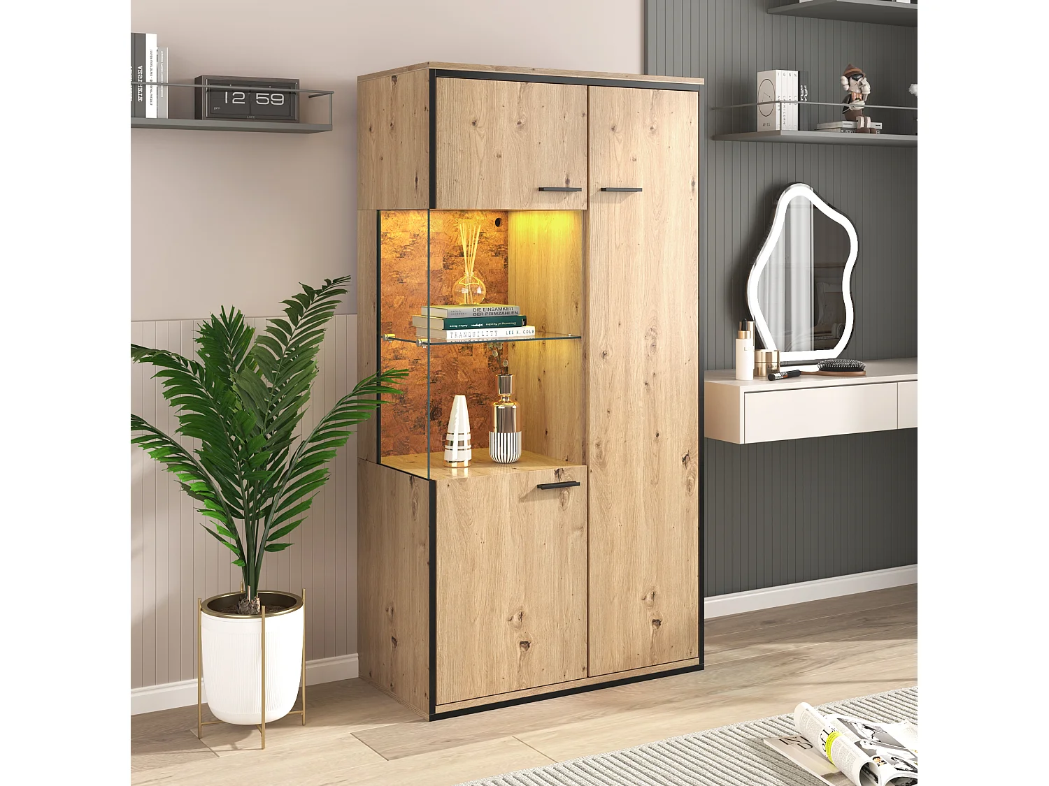 Vitrine H 160cm met LED - 3 deuren en 8 vakken - Naturel