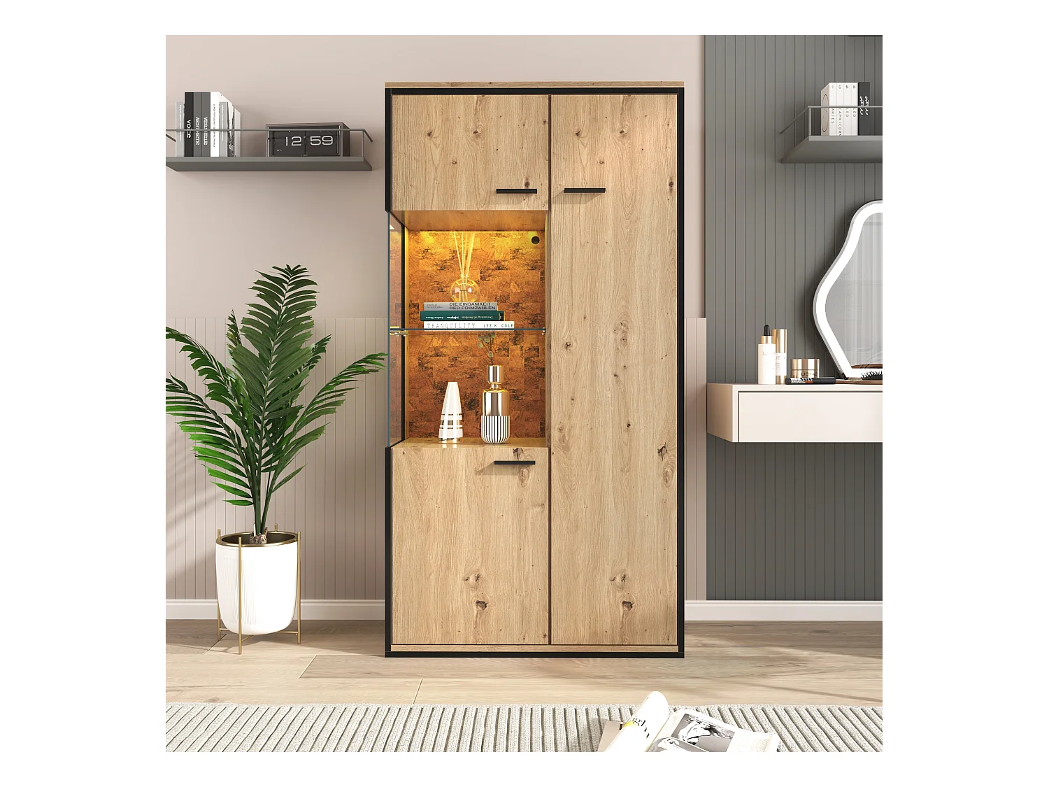 Vitrine style scandinave avec LED - 3 portes 8 compartiments - Naturel