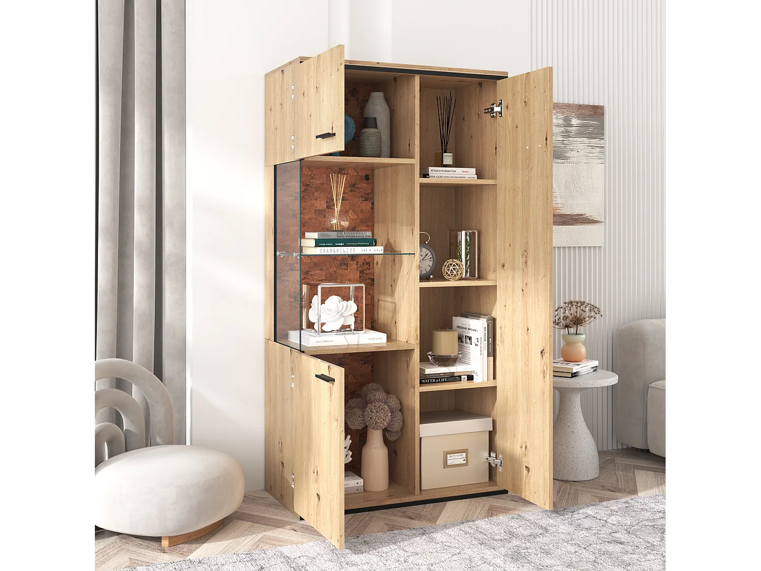 Vitrine style scandinave avec LED - 3 portes 8 compartiments - Naturel