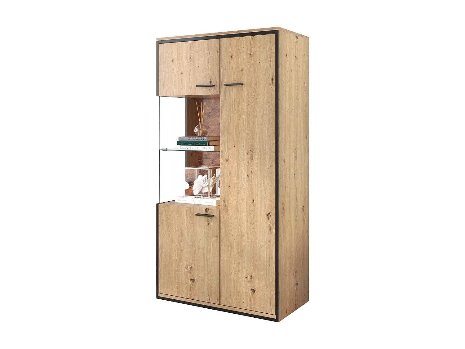 Vitrine style scandinave avec LED - 3 portes 8 compartiments - Naturel