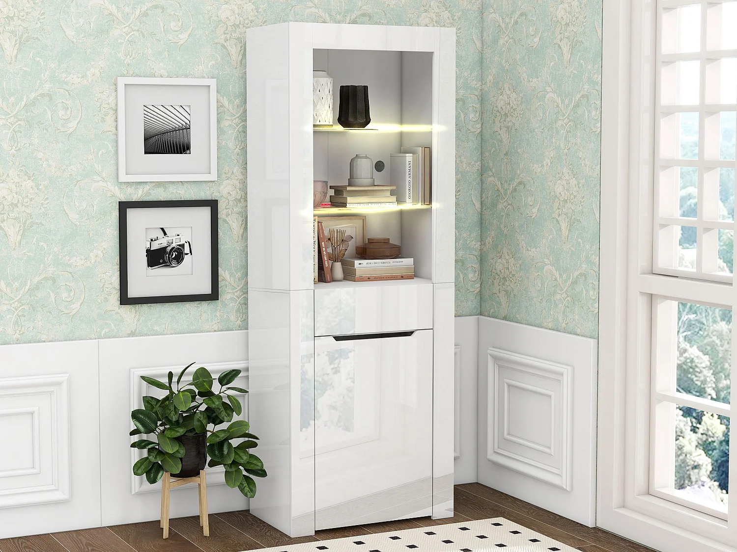 Vitrine avec porte + tiroir + LED - Hauteur 165cm - blanc