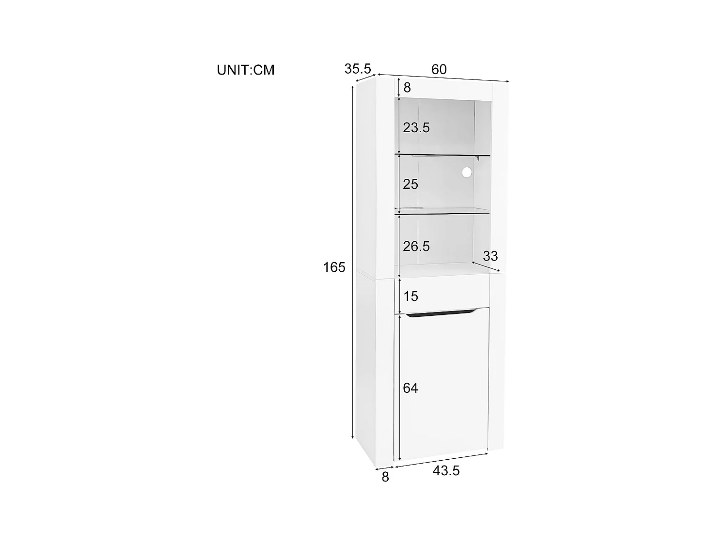 Vitrine avec porte + tiroir + LED - Hauteur 165cm - blanc