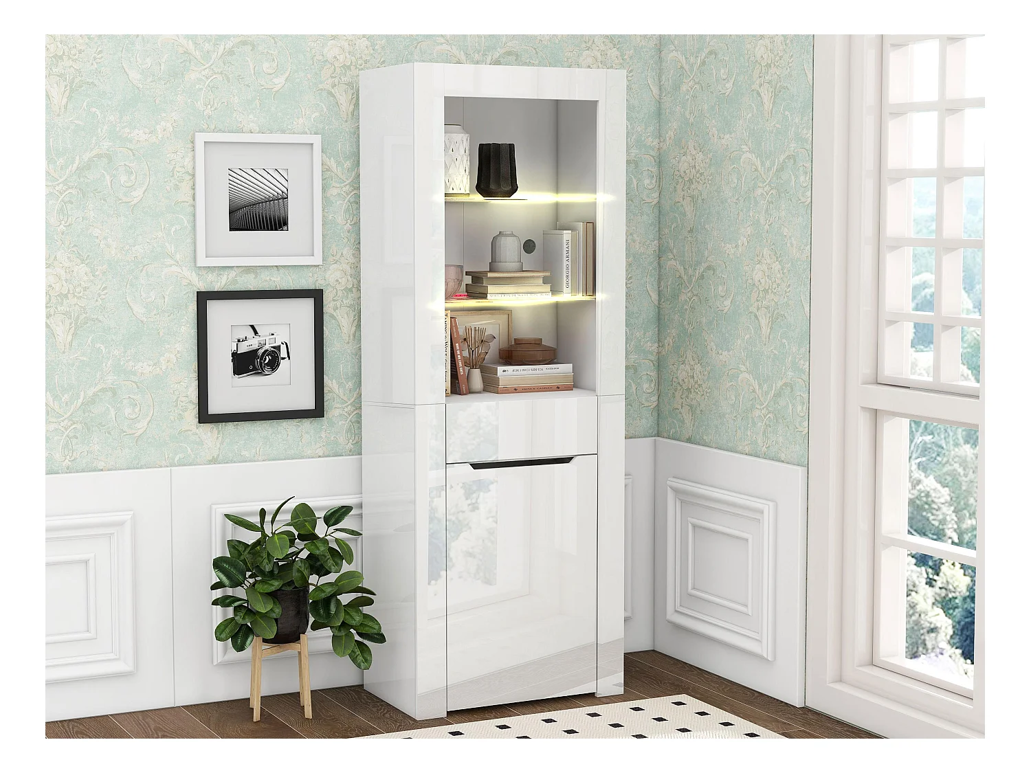 Vitrine avec porte + tiroir + LED - Hauteur 165cm - blanc