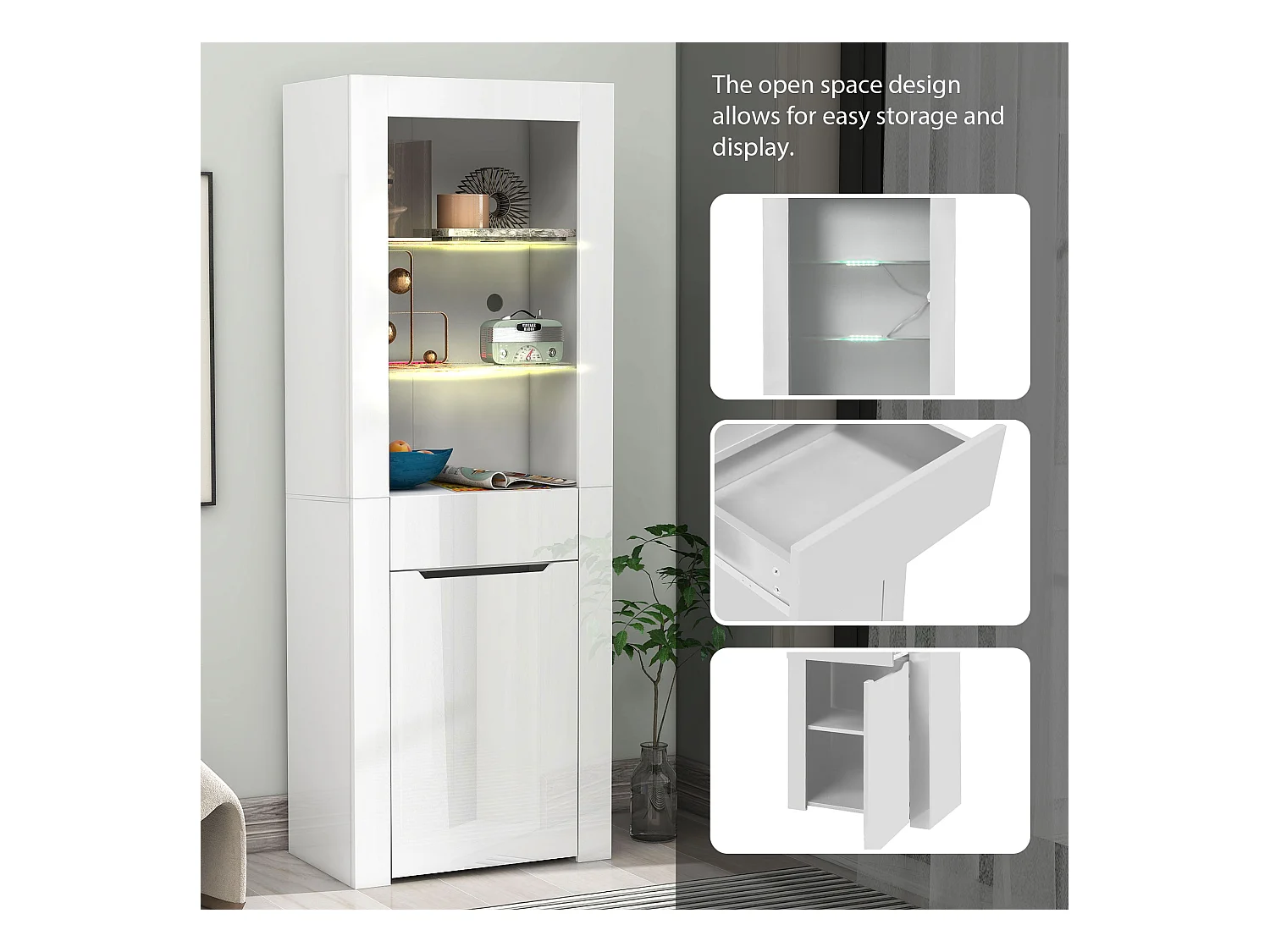 Vitrina con LED - Al. 165 cm - gran espacio de almacenamiento - Blanco