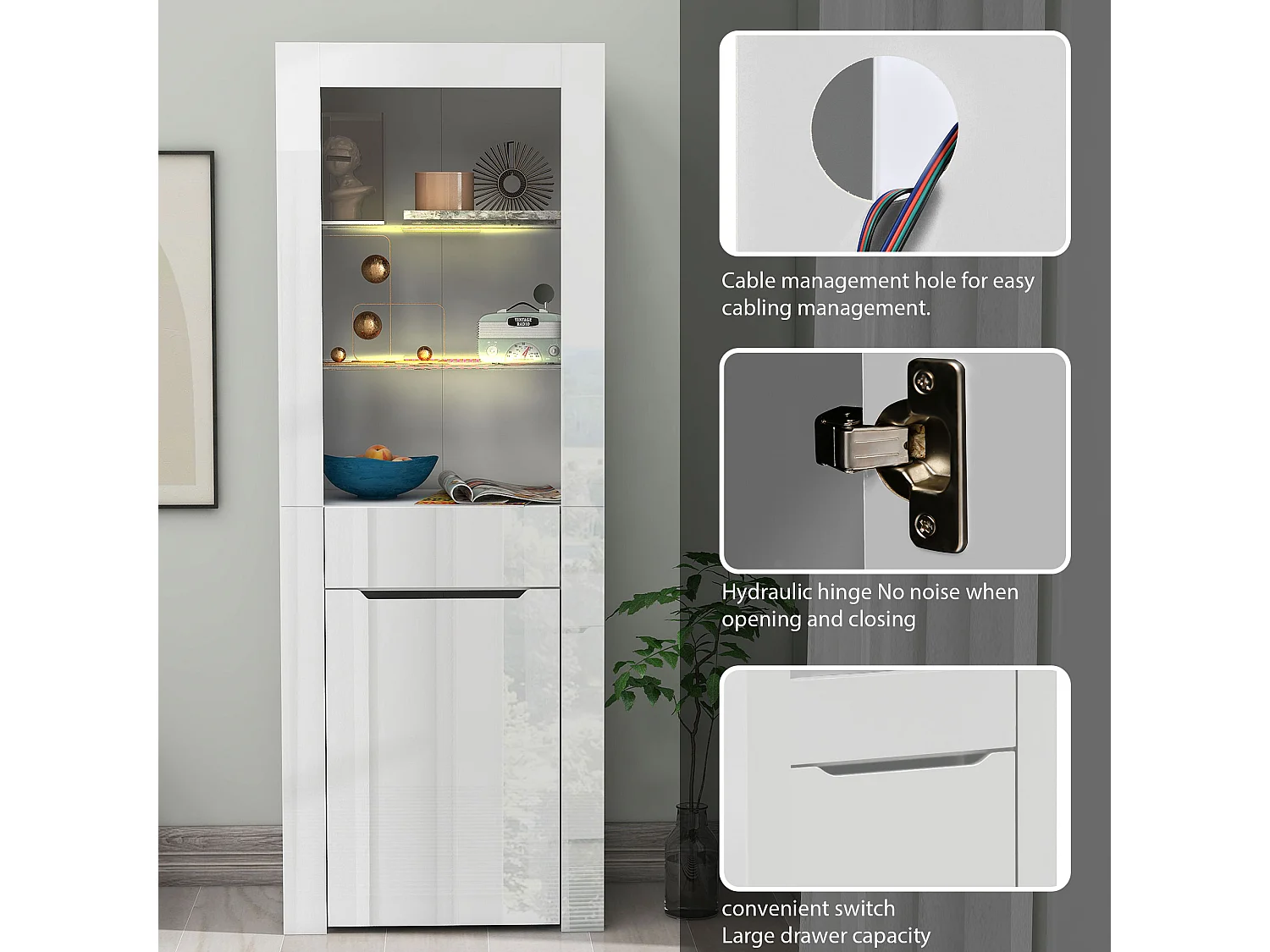 Vitrine avec porte + tiroir + LED - Hauteur 165cm - blanc