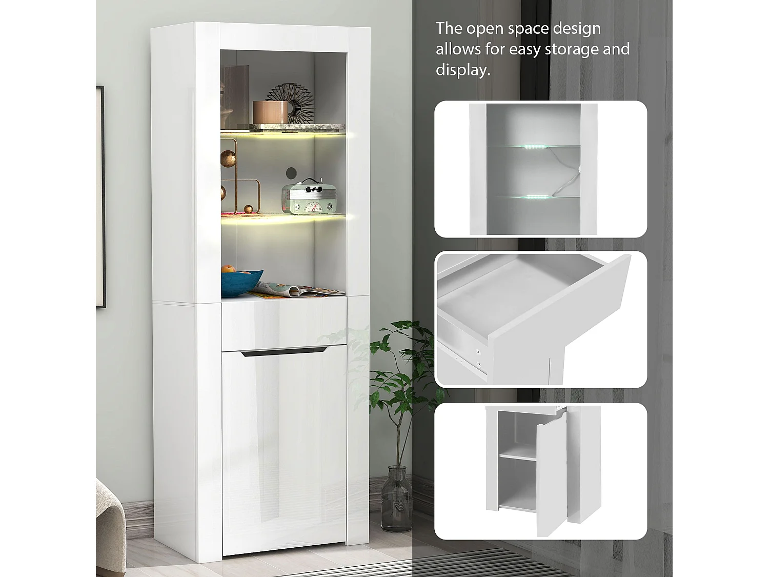 Vitrine avec porte + tiroir + LED - Hauteur 165cm - blanc