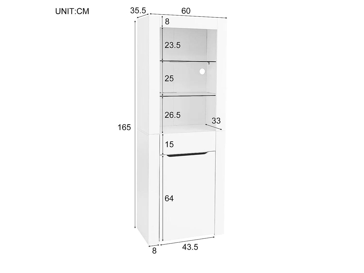 Vitrine avec LED - H 165cm - grand espace de rangement - Blanc