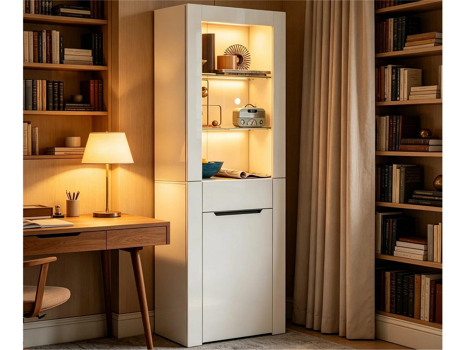 Vitrine avec LED - H 165cm - grand espace de rangement - Blanc