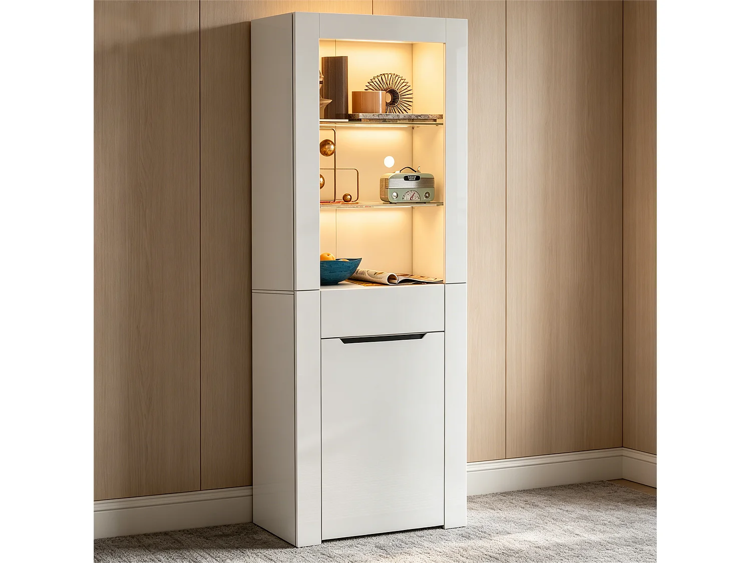 Vitrine avec LED - H 165cm - grand espace de rangement - Blanc