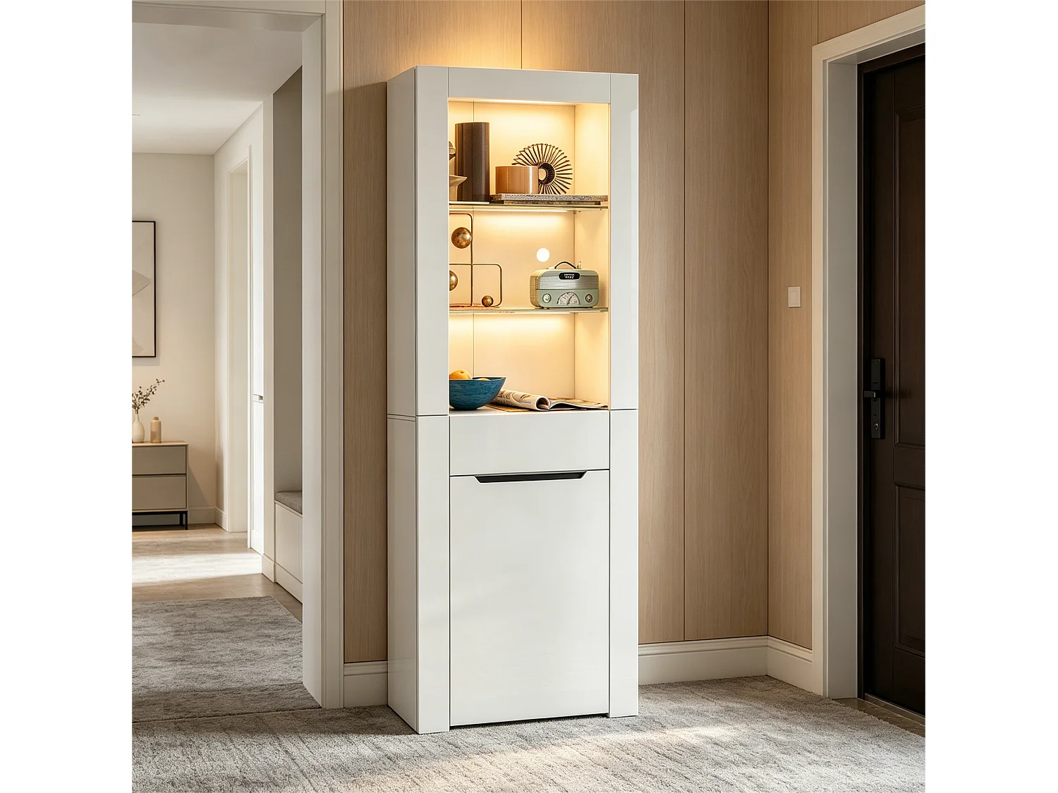 Vitrine avec LED - H 165cm - grand espace de rangement - Blanc