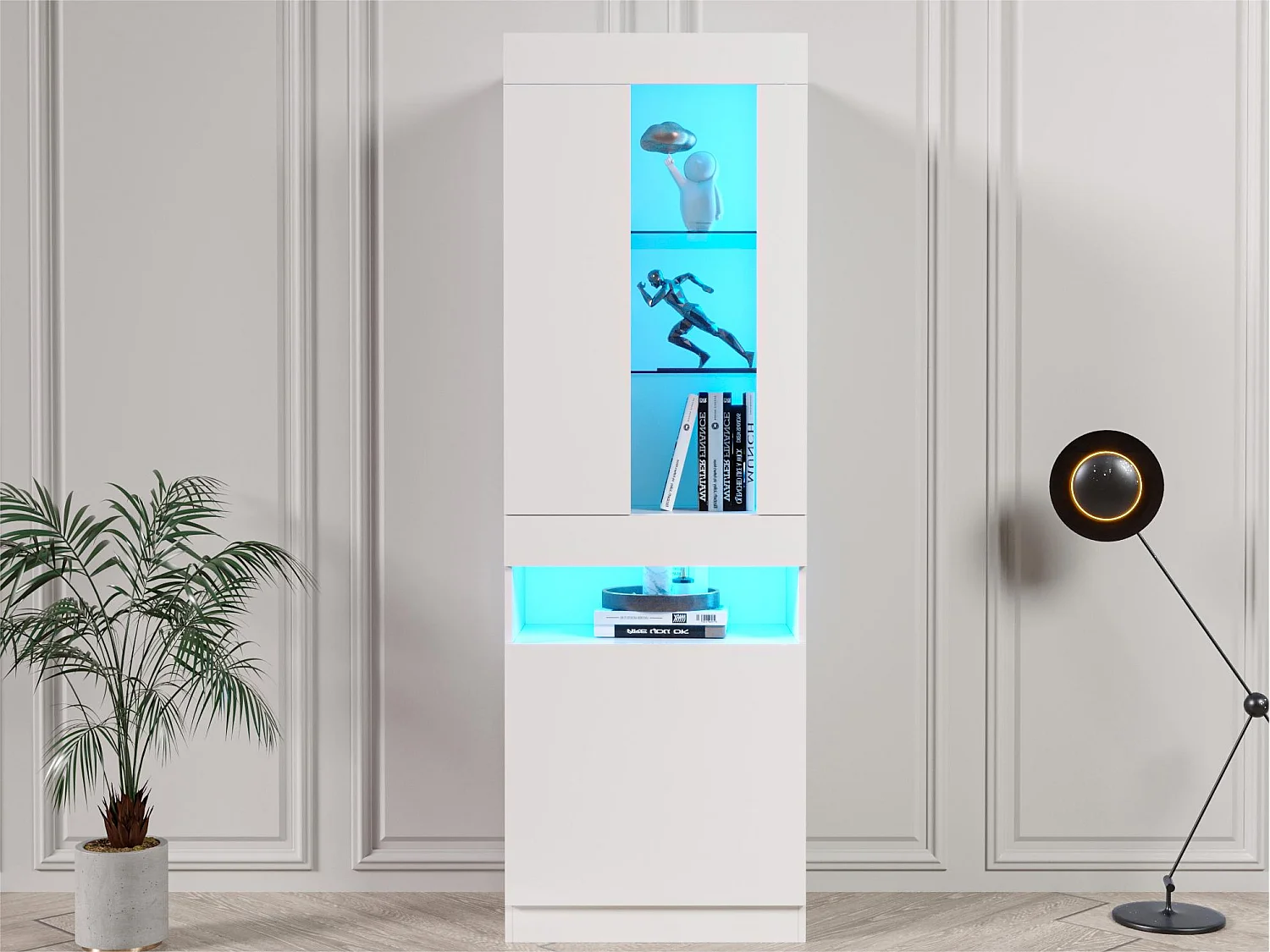 Vitrina Vertical LED Blanco 180cm - Estantes de Vidrio - Iluminación Cálida - Almacenamiento de Libros - PEFC®