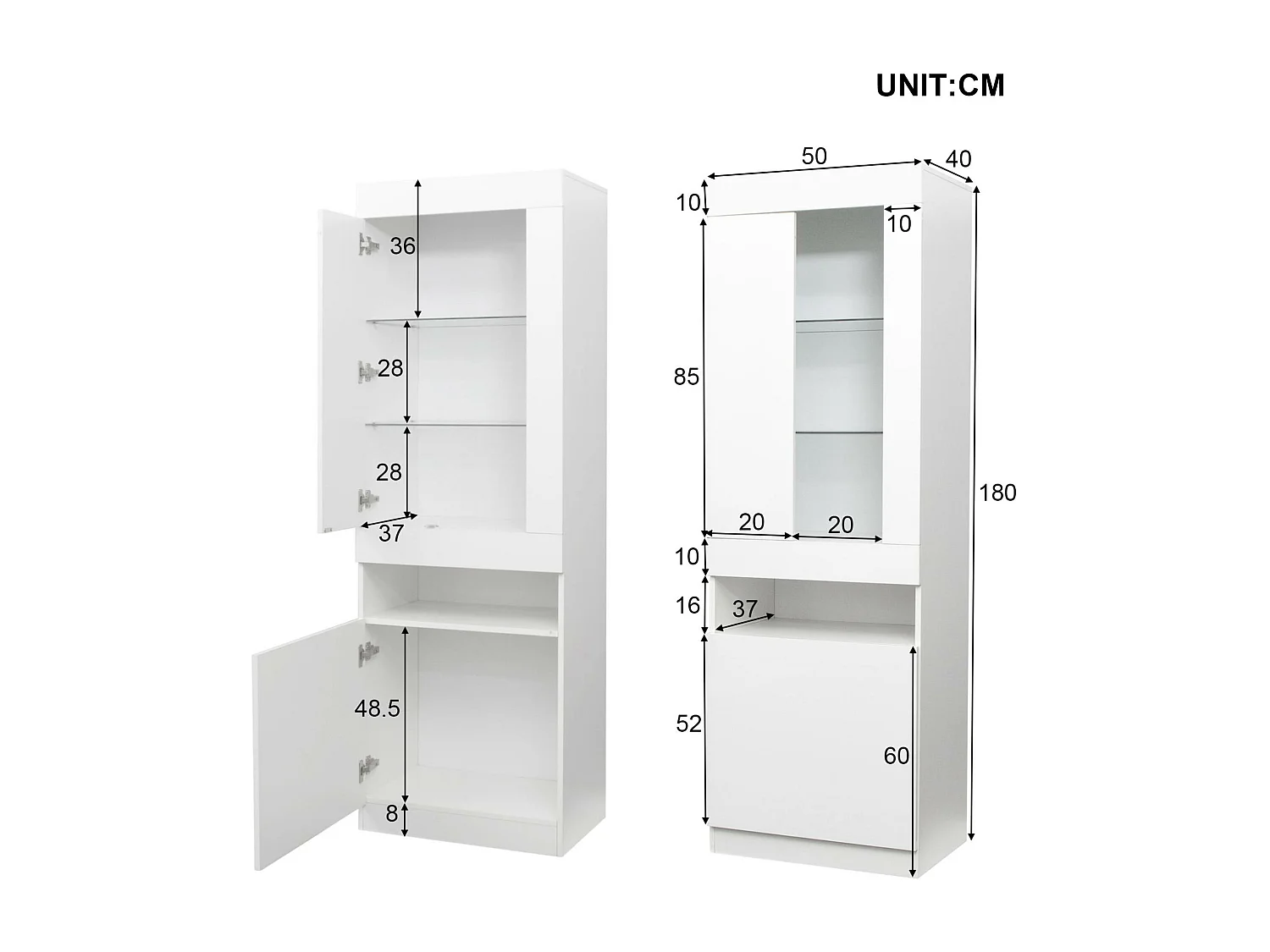 Vitrina Vertical LED Blanco 180cm - Estantes de Vidrio - Iluminación Cálida - Almacenamiento de Libros - PEFC®