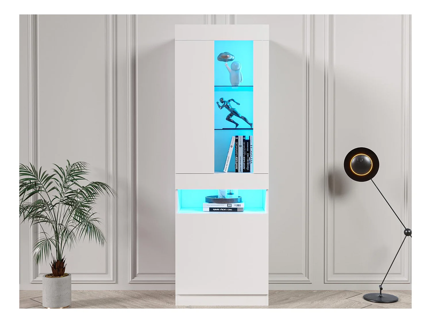Vitrine Verticale LED Blanc 180cm - Étagères en Verre - Éclairage Chaleureux - Rangement Livres - PEFC®
