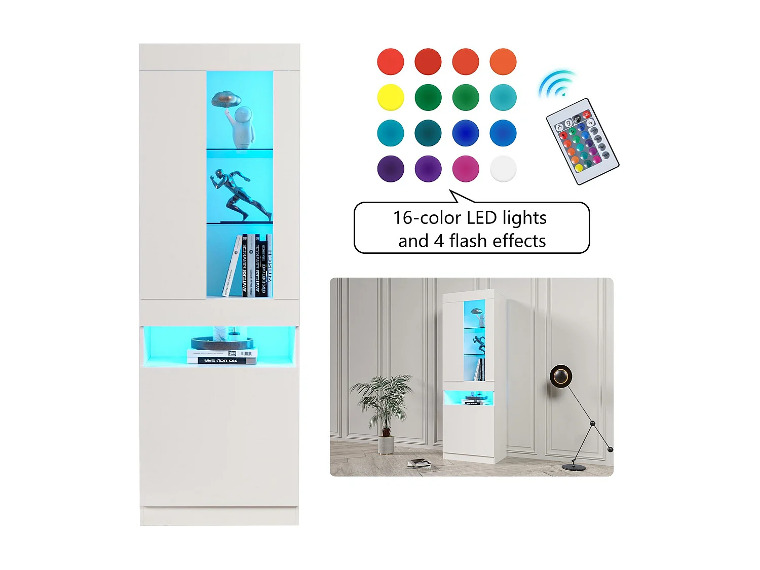 Vitrine avec porte et LED - Hauteur 180cm - Blanc