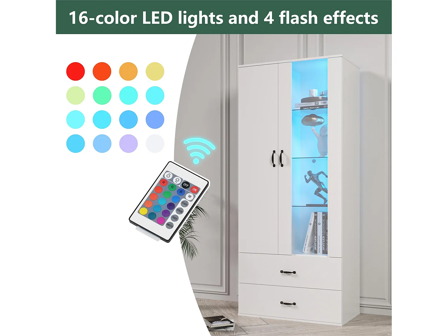 Vetrina con 2 ante e 2 cassetti e LED - Altezza 180 cm - Bianco