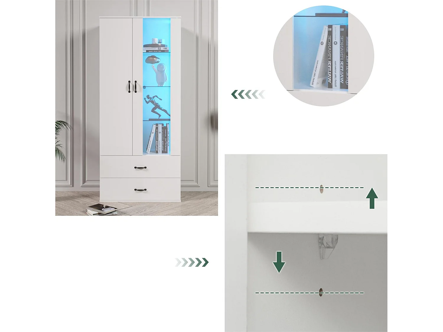 Vetrina con 2 ante e 2 cassetti e LED - Altezza 180 cm - Bianco