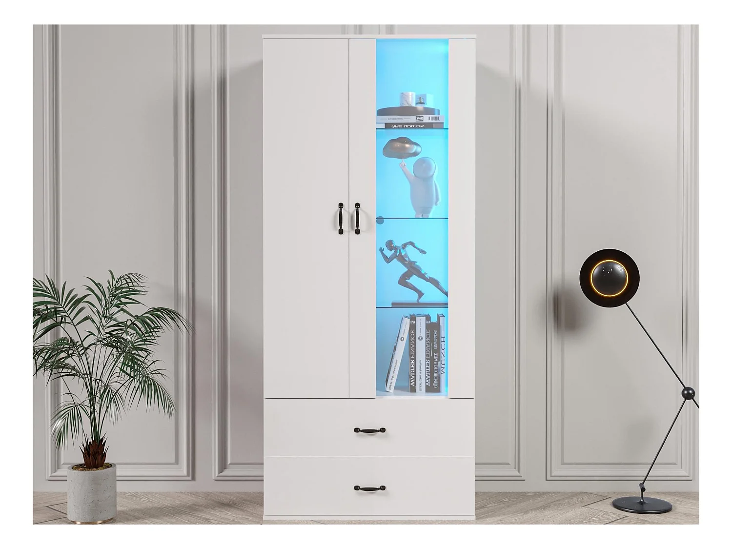 Vitrine avec 2 porte et 2 tiroirs et LED - Hauteur 180cm - Blanc